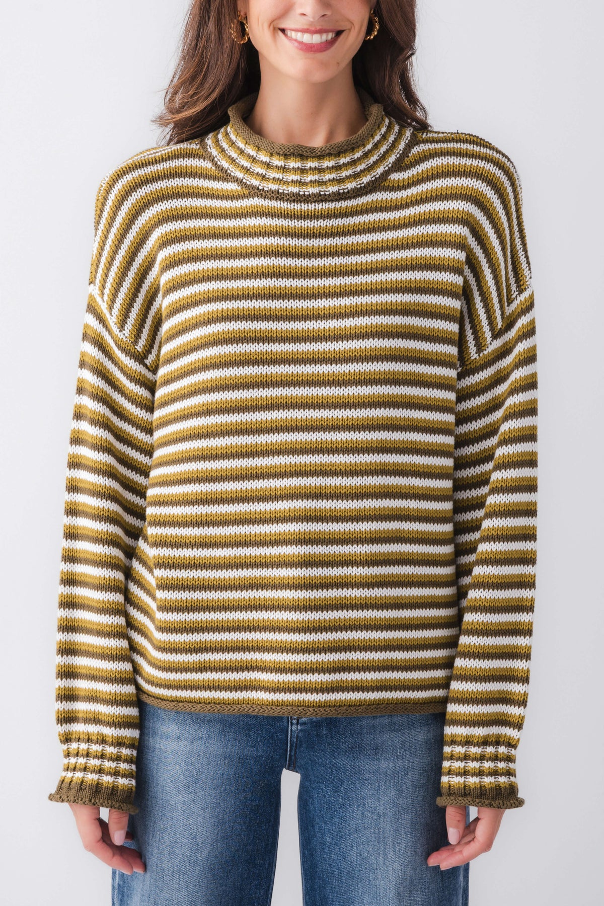 Striped mockneck sweater, mustard and olive with cream lines and ribbed neckline