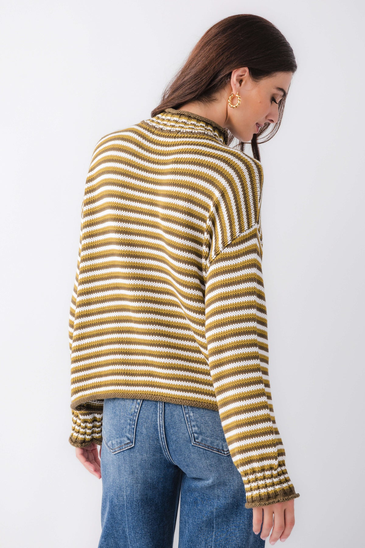 Striped mockneck sweater with long sleeves, ribbed hem, mustard and cream horizontal stripes