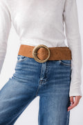Cognac leather hip belt with round engraved buckle and adjustable holes