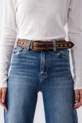Free People WTF Sola stud belt, dark brown leather with gold studs and metal buckle.