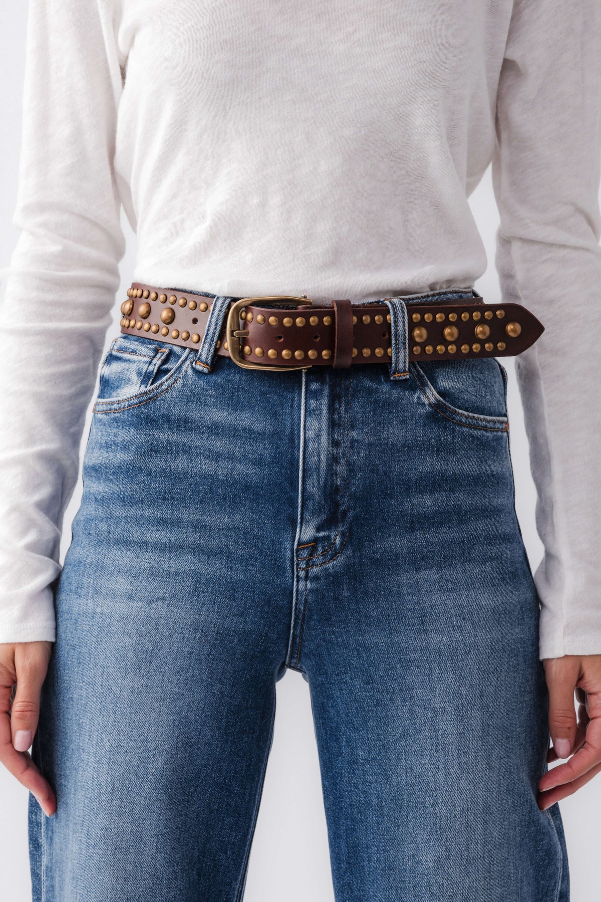 Free People WTF Sola stud belt, dark brown leather with gold studs and metal buckle.