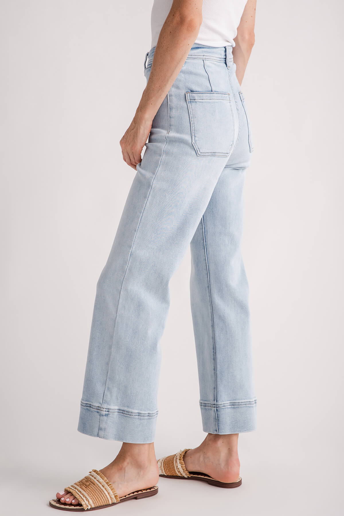 Light-wash wide-leg ankle jeans side view with double-stitched seams and cuff hem