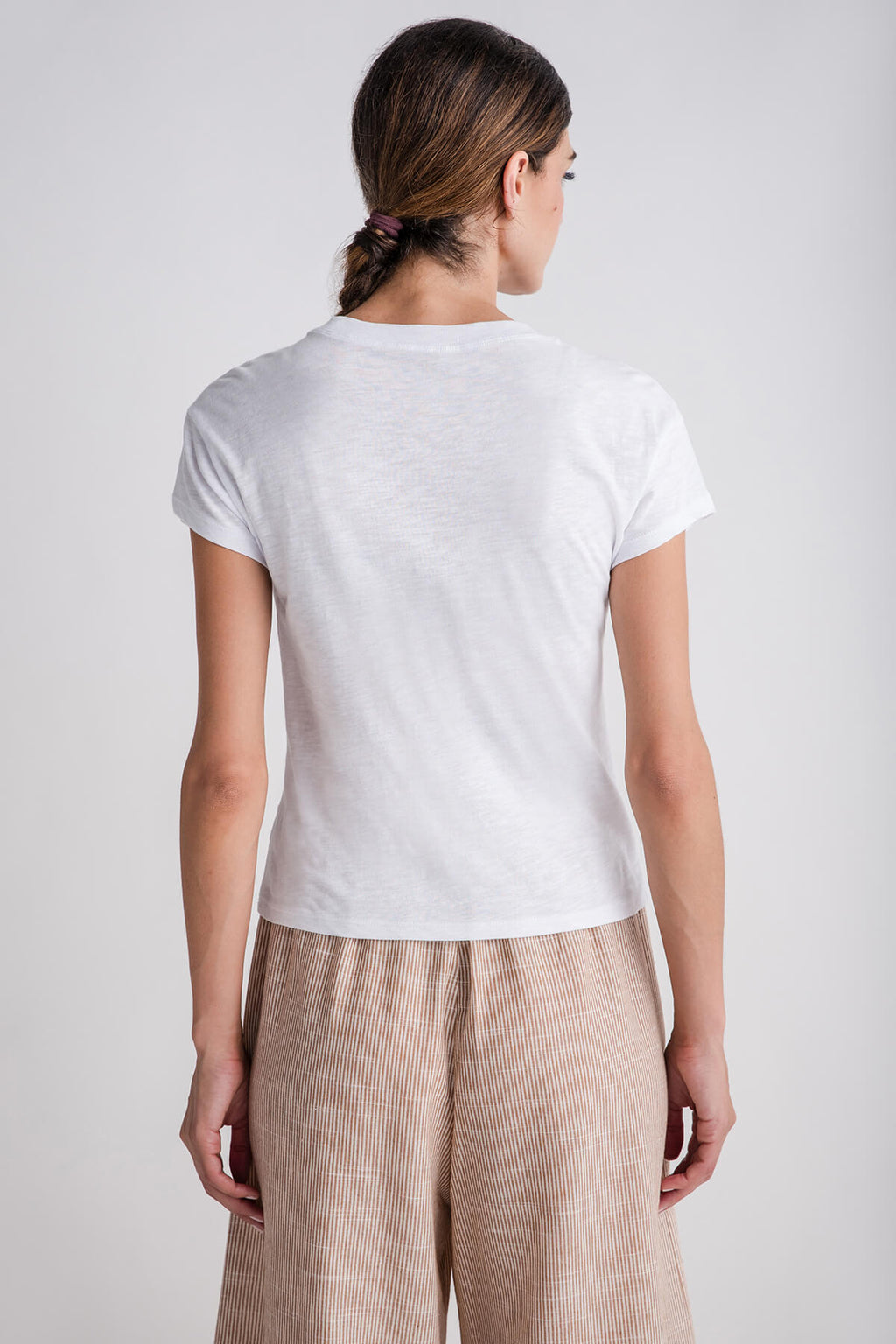 White modern slub tee with short sleeves and crew neck, back view