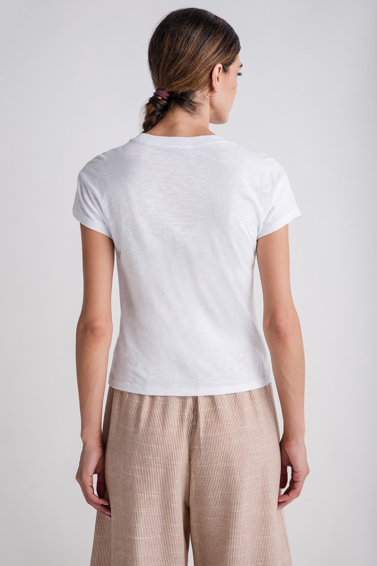 White modern slub tee with short sleeves and crew neck, back view