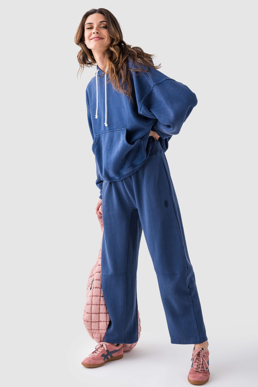 Blue lounge pants with elastic waist and relaxed wide-leg fit