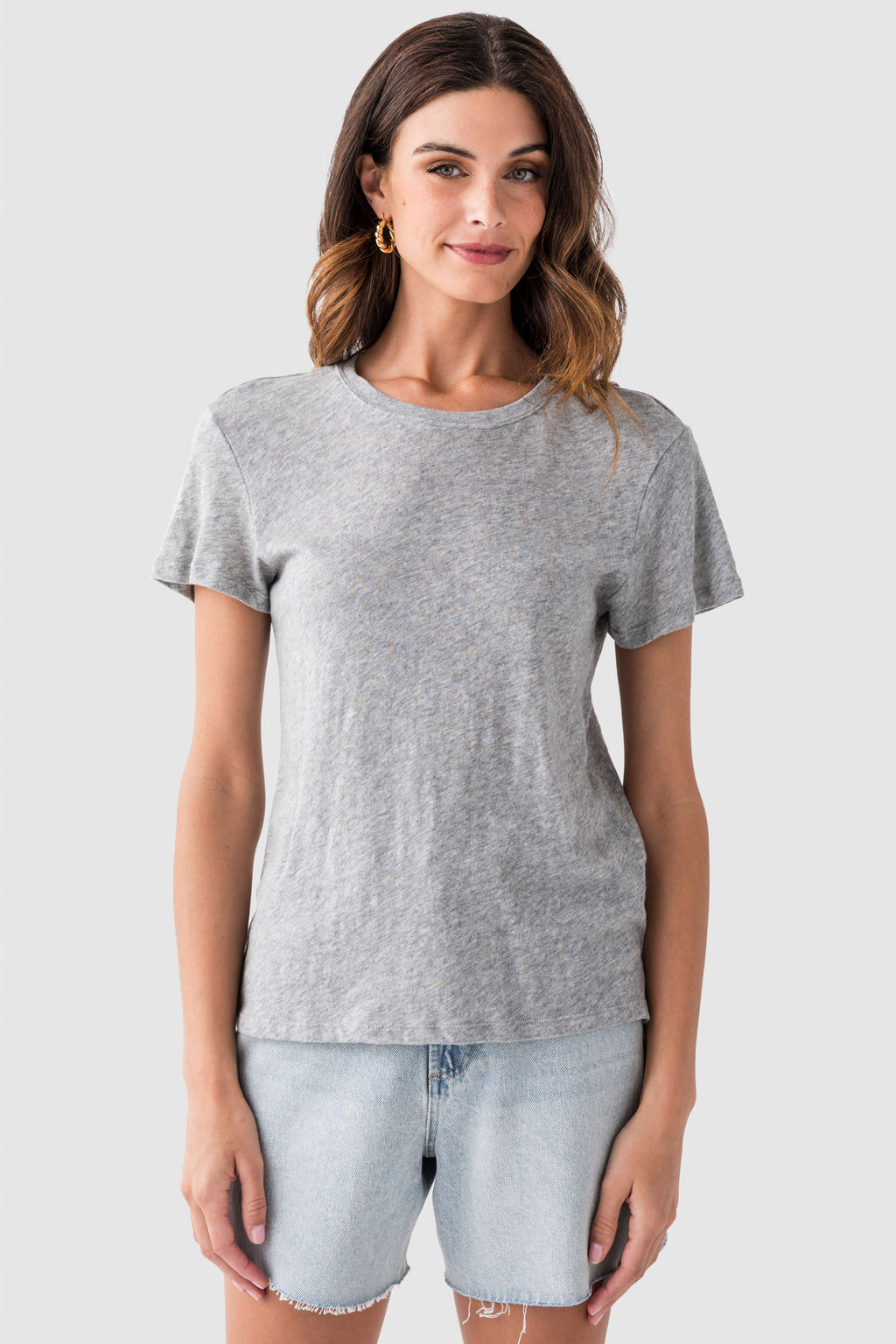 Classic heather grey slub tee shirt with crew neck and short sleeves, relaxed straight hem.
