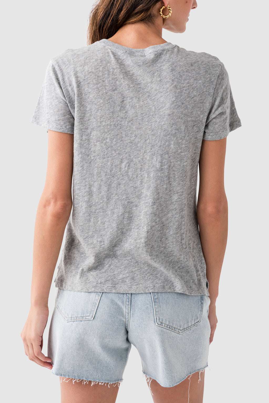 Classic heather grey slub tee shirt back view with crew neck and short sleeves.