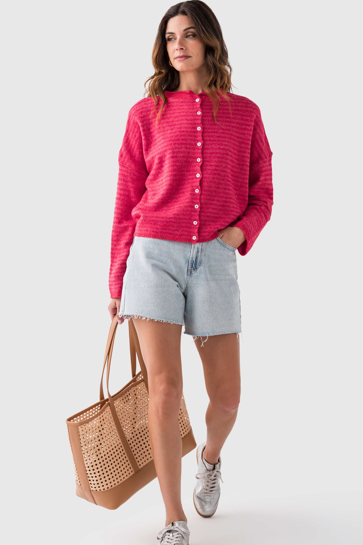 Cherry red striped button-up cardigan, long sleeves, rounded hem