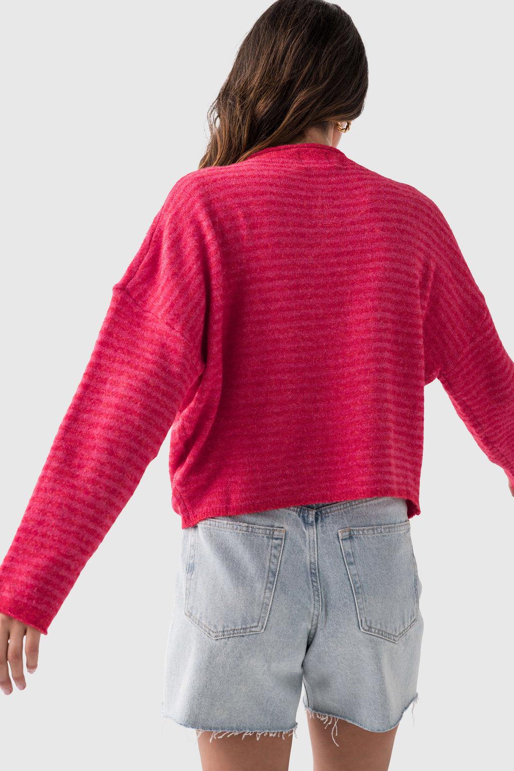 Cherry red striped cardigan, back view with long sleeves