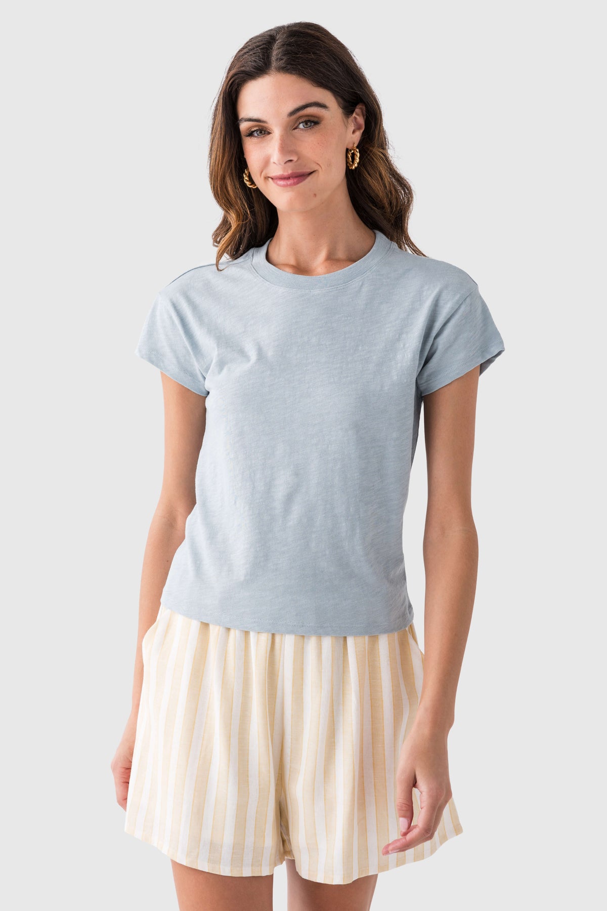 Women’s modern slub tee, short-sleeve crew neck, light blue front view