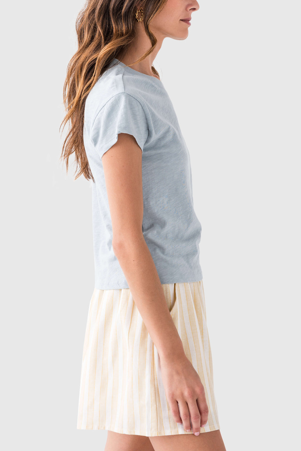 Women’s modern slub tee, short-sleeve crew neck, light blue side view