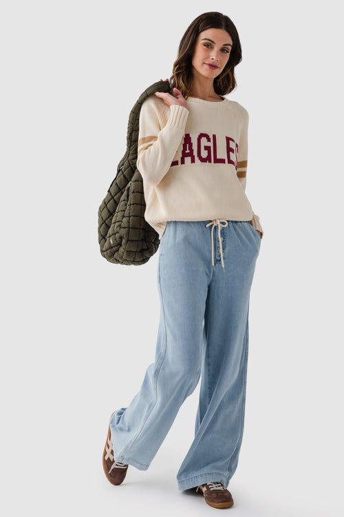 Cream knit sweater with maroon "EAGLES" front graphic and tan sleeve stripe
