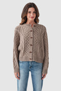 Taupe cable-knit sweater with button-front placket and ribbed cuffs