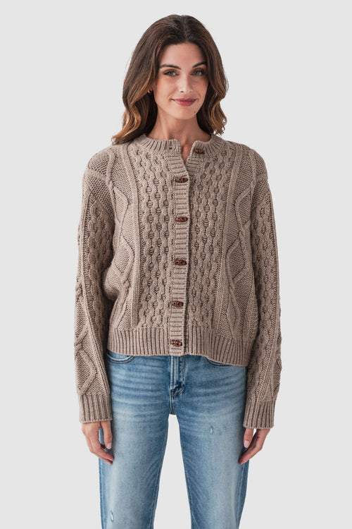 Taupe cable-knit sweater with button-front placket and ribbed cuffs