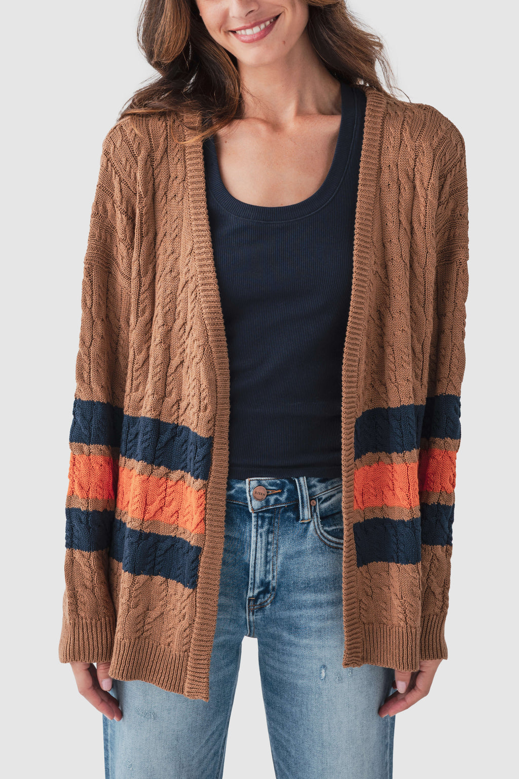 Brown cable-knit varsity cardigan with navy and orange stripe bands, open front