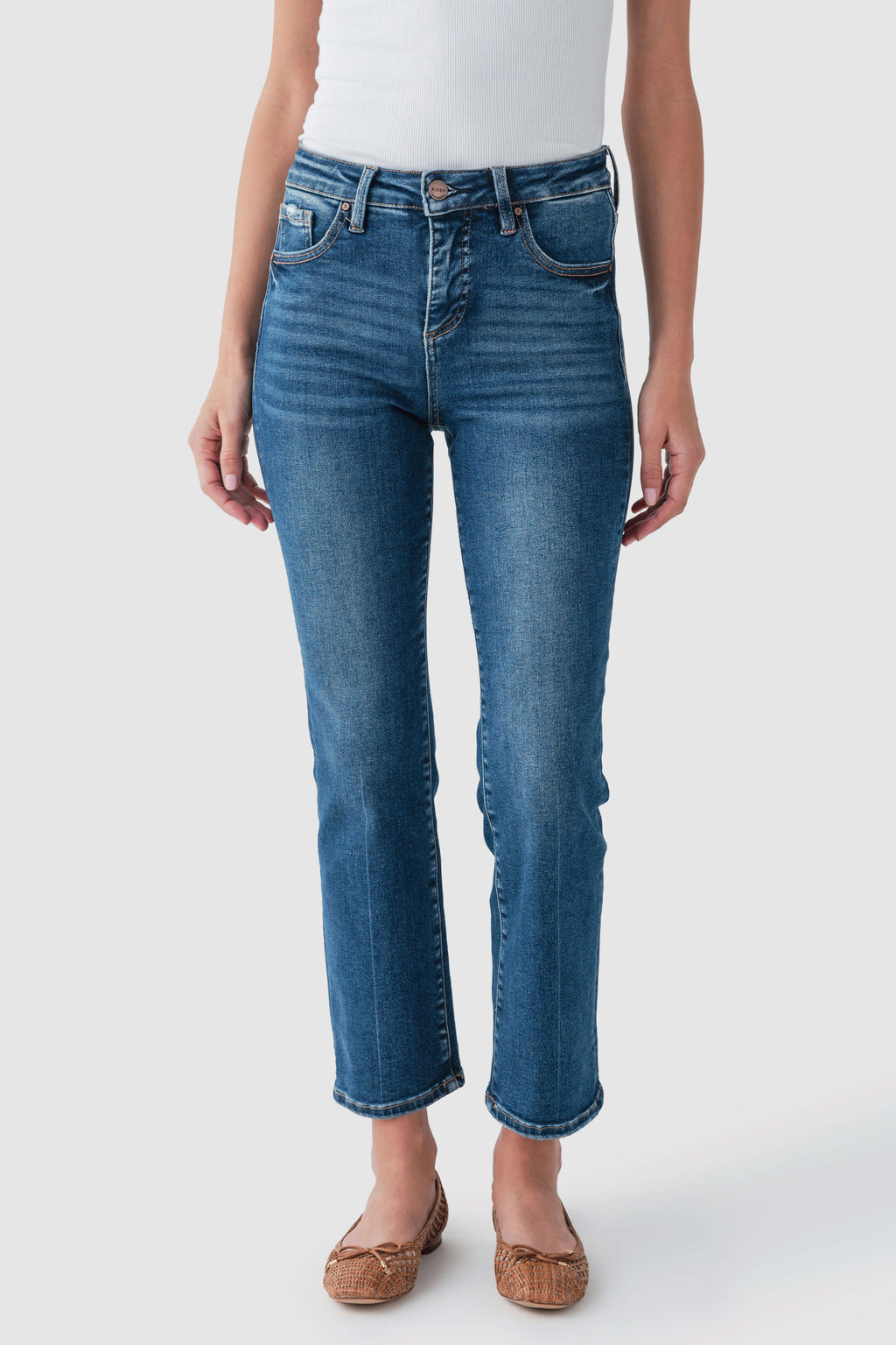 High-rise straight crop jeans front view in dark blue wash with belt loops and pockets