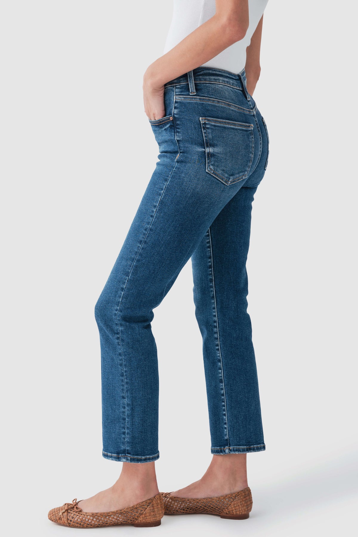 High-rise straight crop jeans front side close view in blue wash with back yoke detail