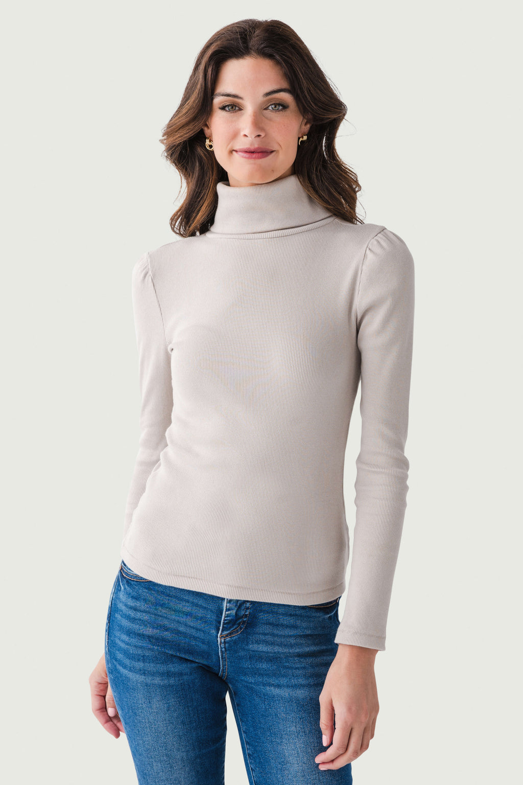 Light cream long-sleeve turtleneck top with ribbed high neck