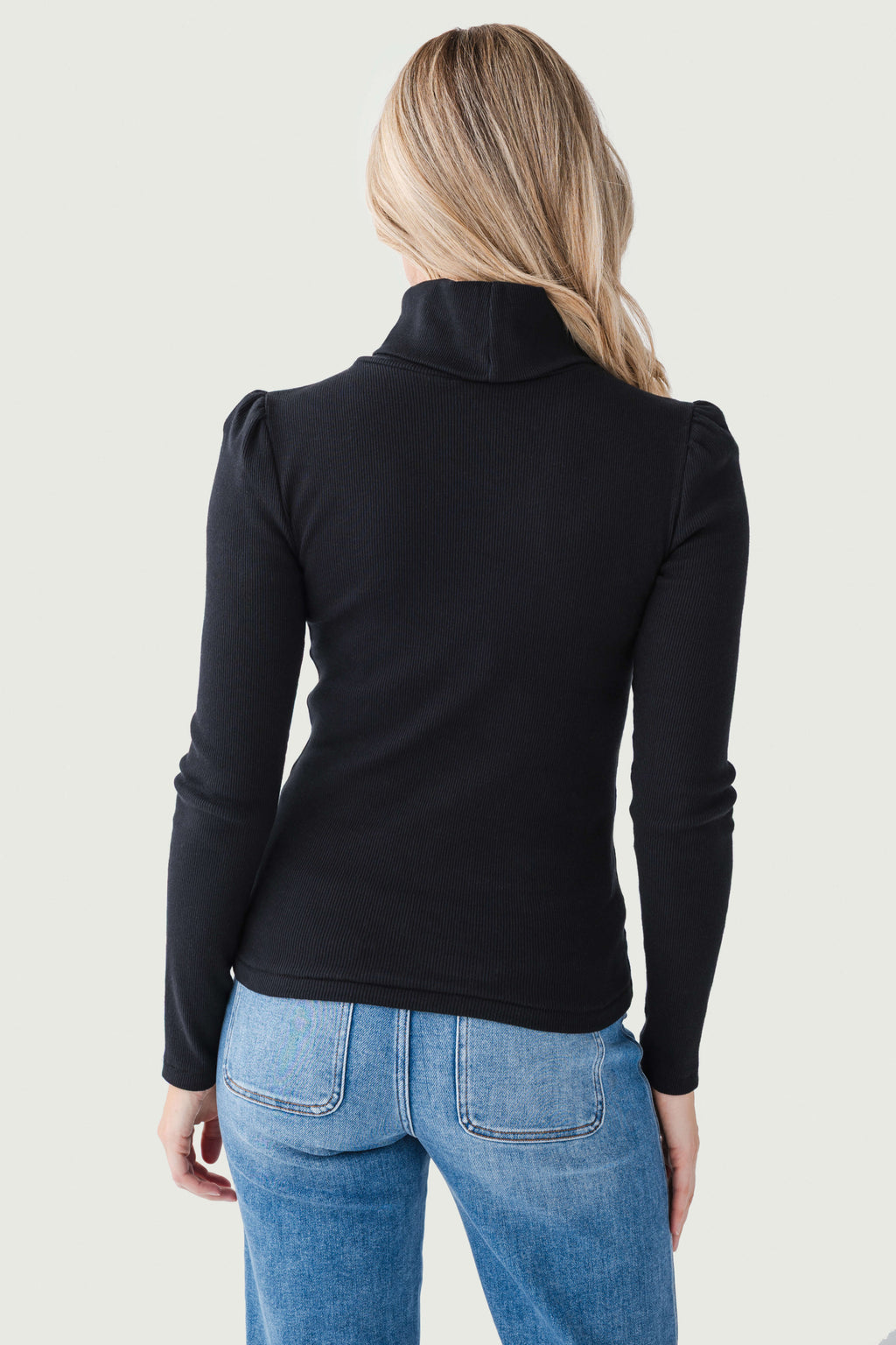 Black long-sleeve turtleneck top, back view with high collar
