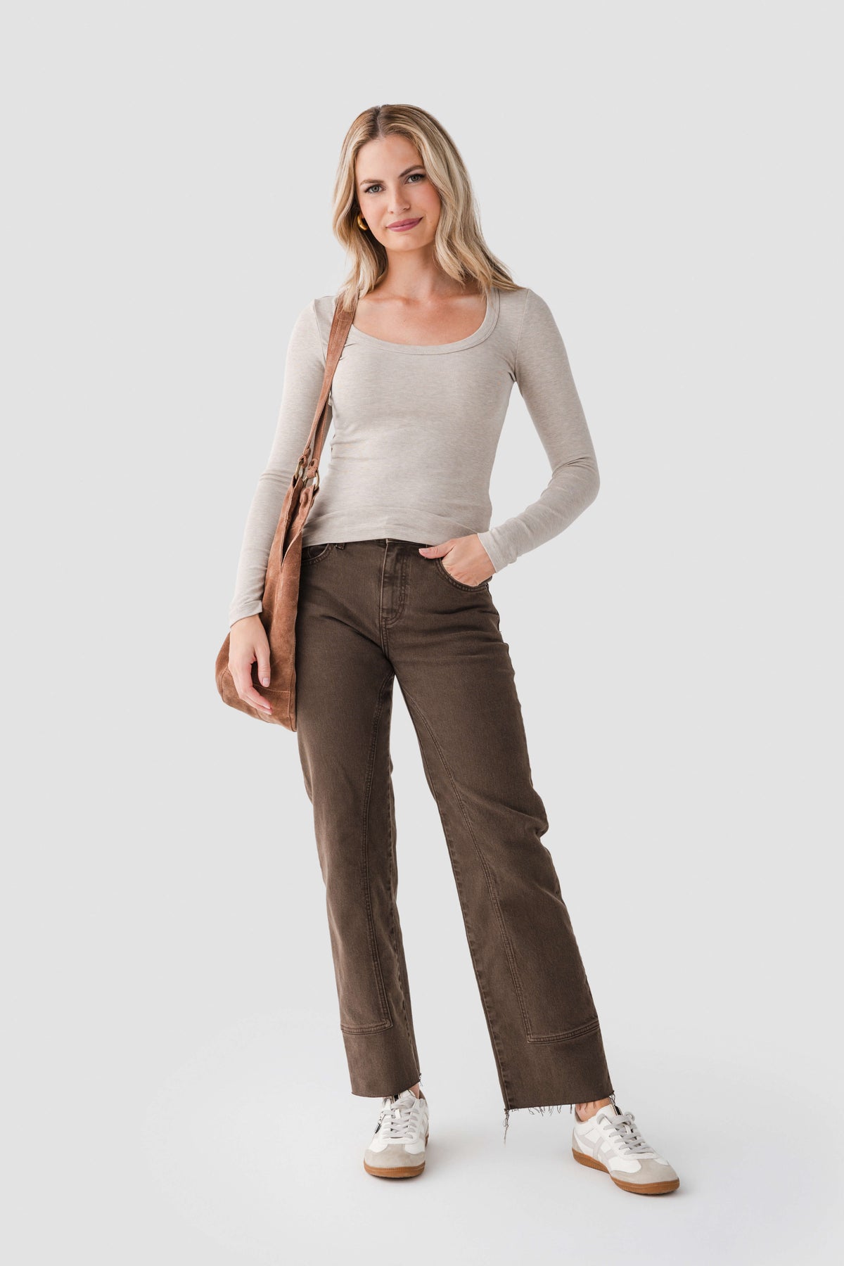 Oatmeal heather scoop-neck second skin top with long sleeves