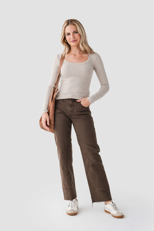 Oatmeal heather scoop-neck second skin top with long sleeves
