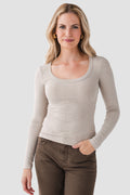 Oatmeal heather scoop-neck second skin top with long sleeves