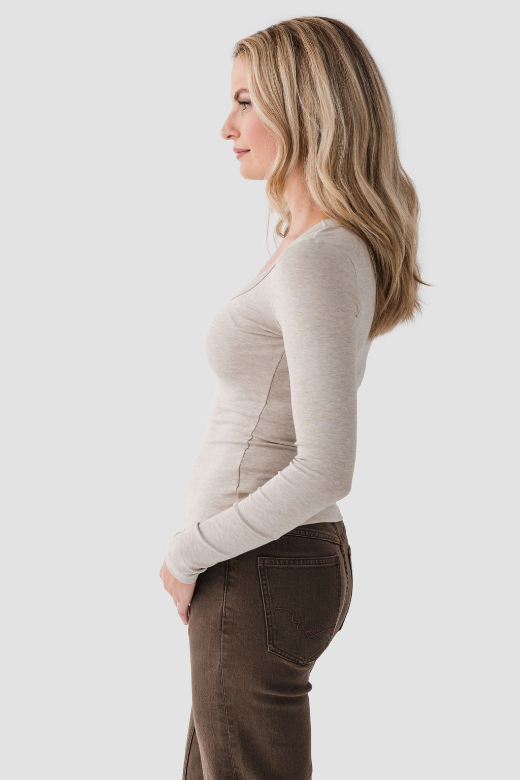 Oatmeal heather scoop-neck second skin top, long sleeves, side view