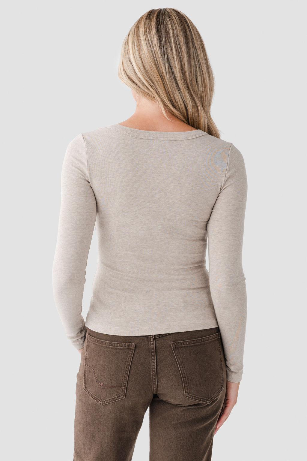 Oatmeal heather scoop-neck second skin top, long sleeves, back view