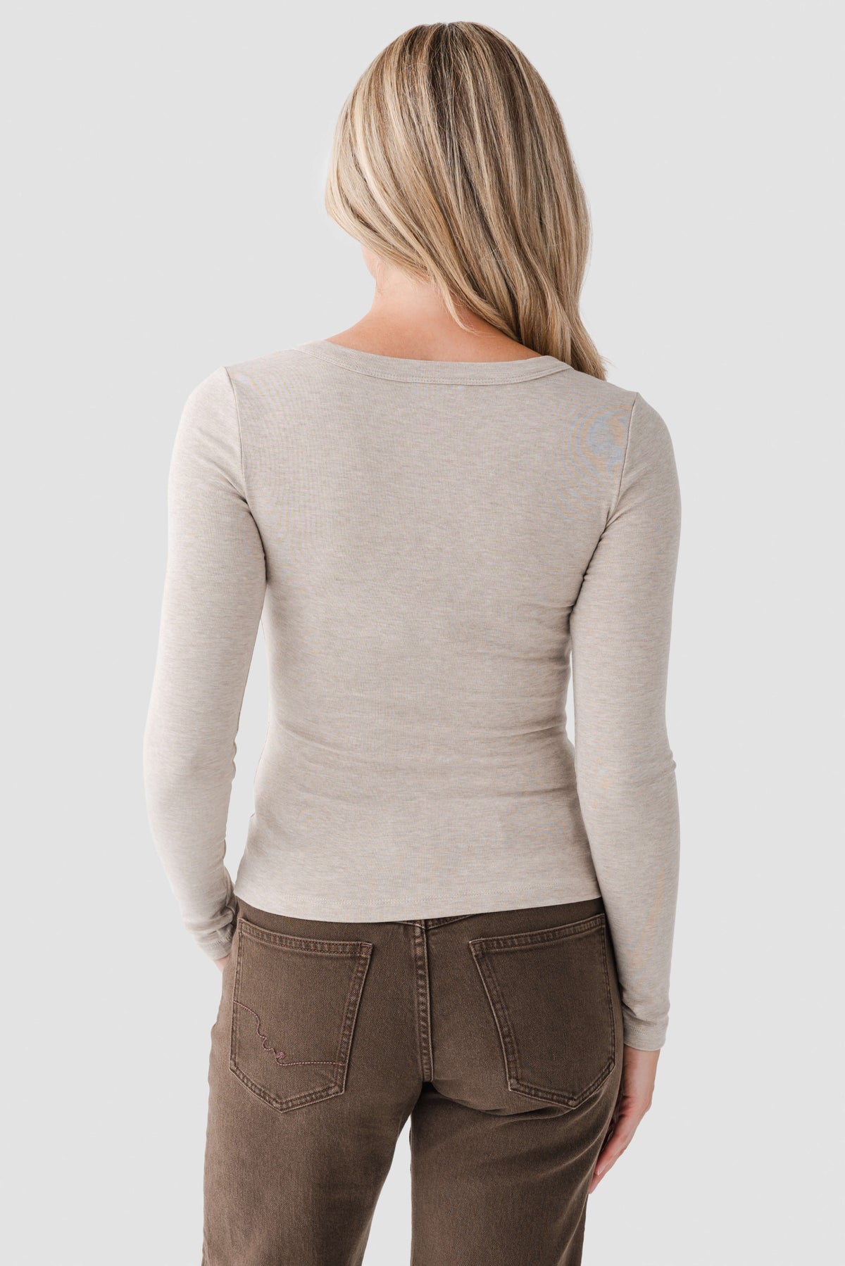 Oatmeal heather scoop-neck second skin top, long sleeves, back view