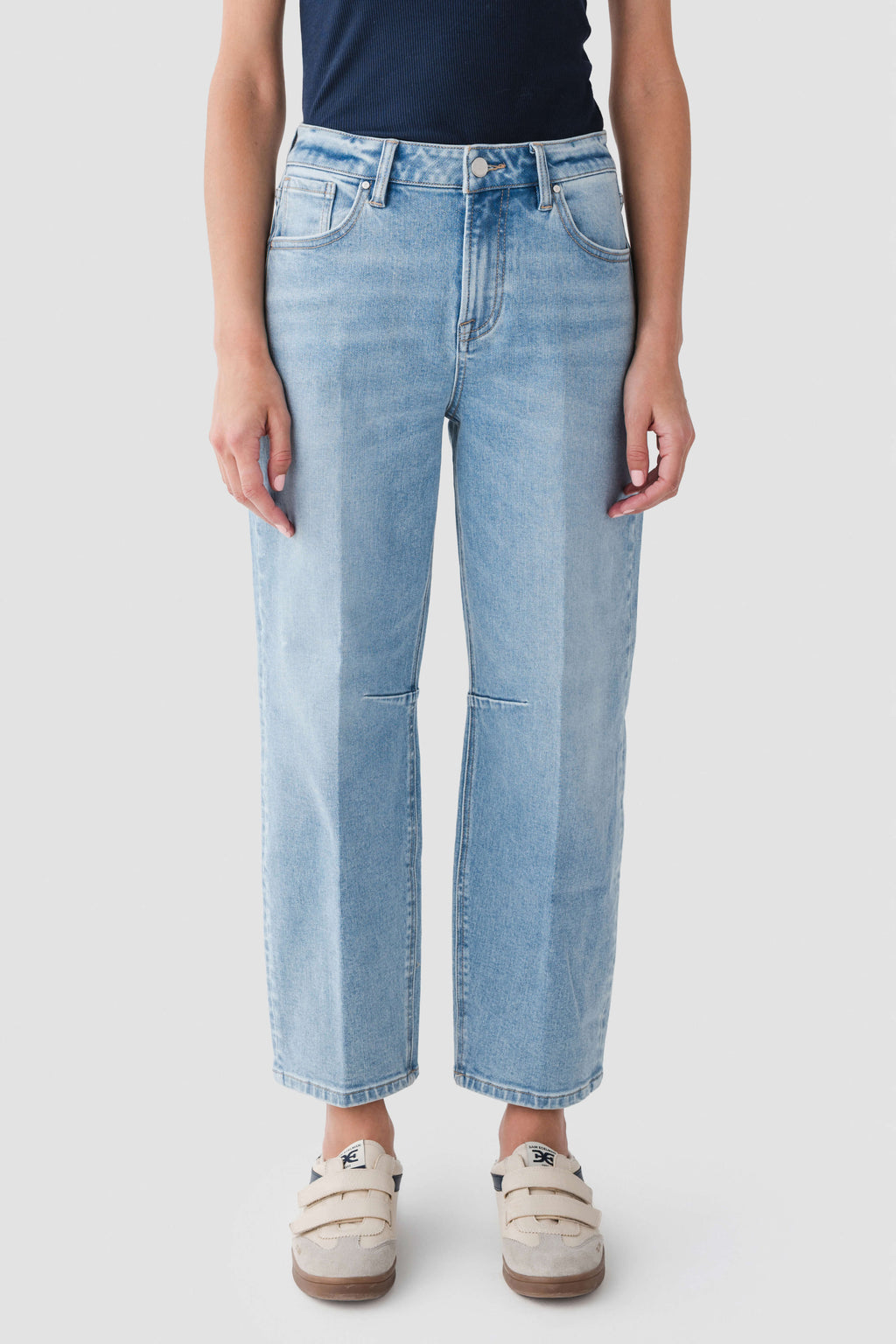 Medium wash denim barrel jeans, back view with yoke and two back pockets.