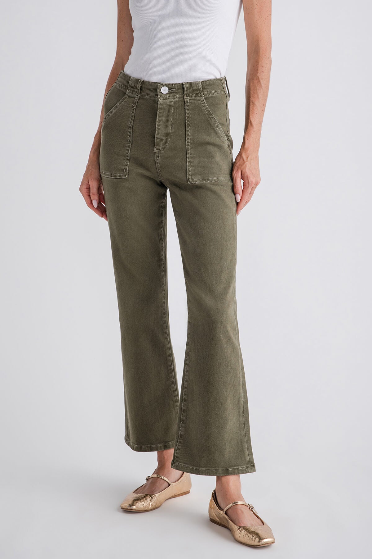 Front view olive green ankle flare jeans with 5-pocket styling and dark topstitching