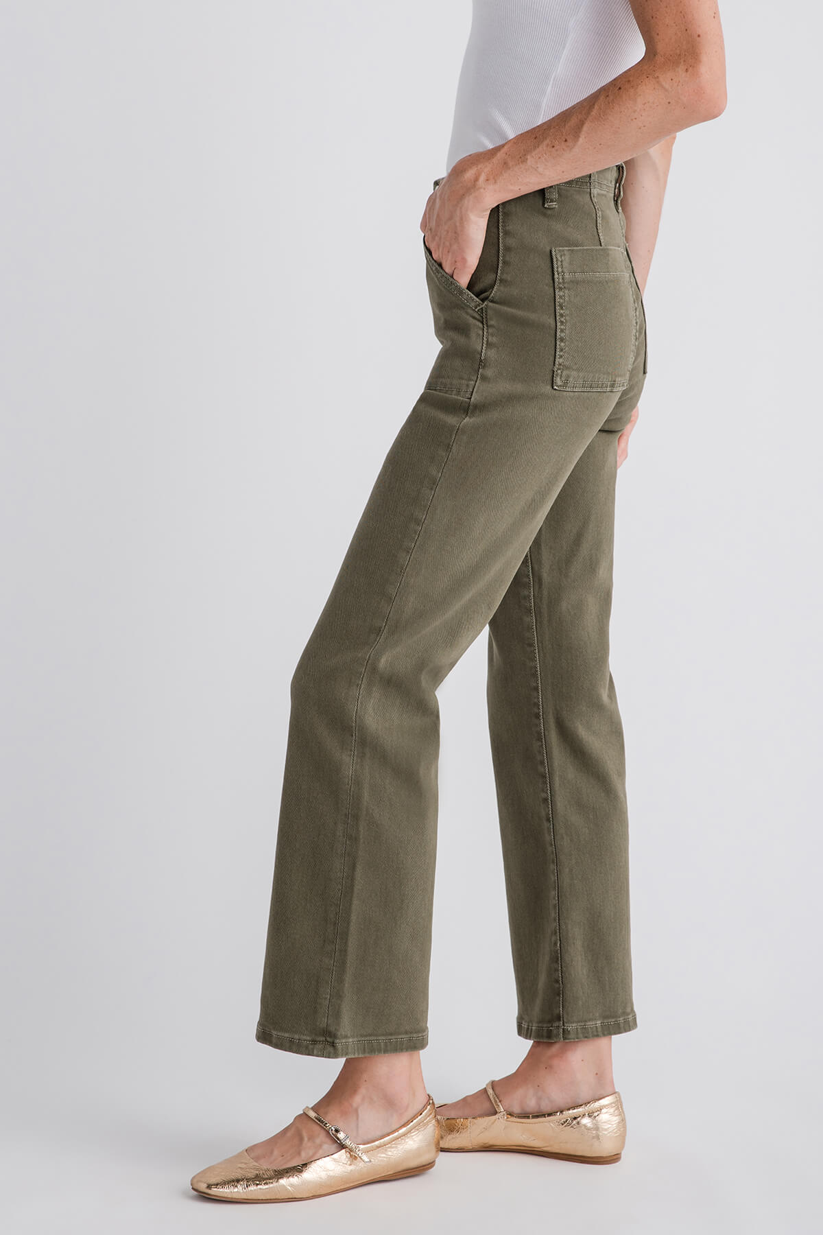 Side view olive green ankle flare jeans with whisker seams and cuffed straight-leg hem