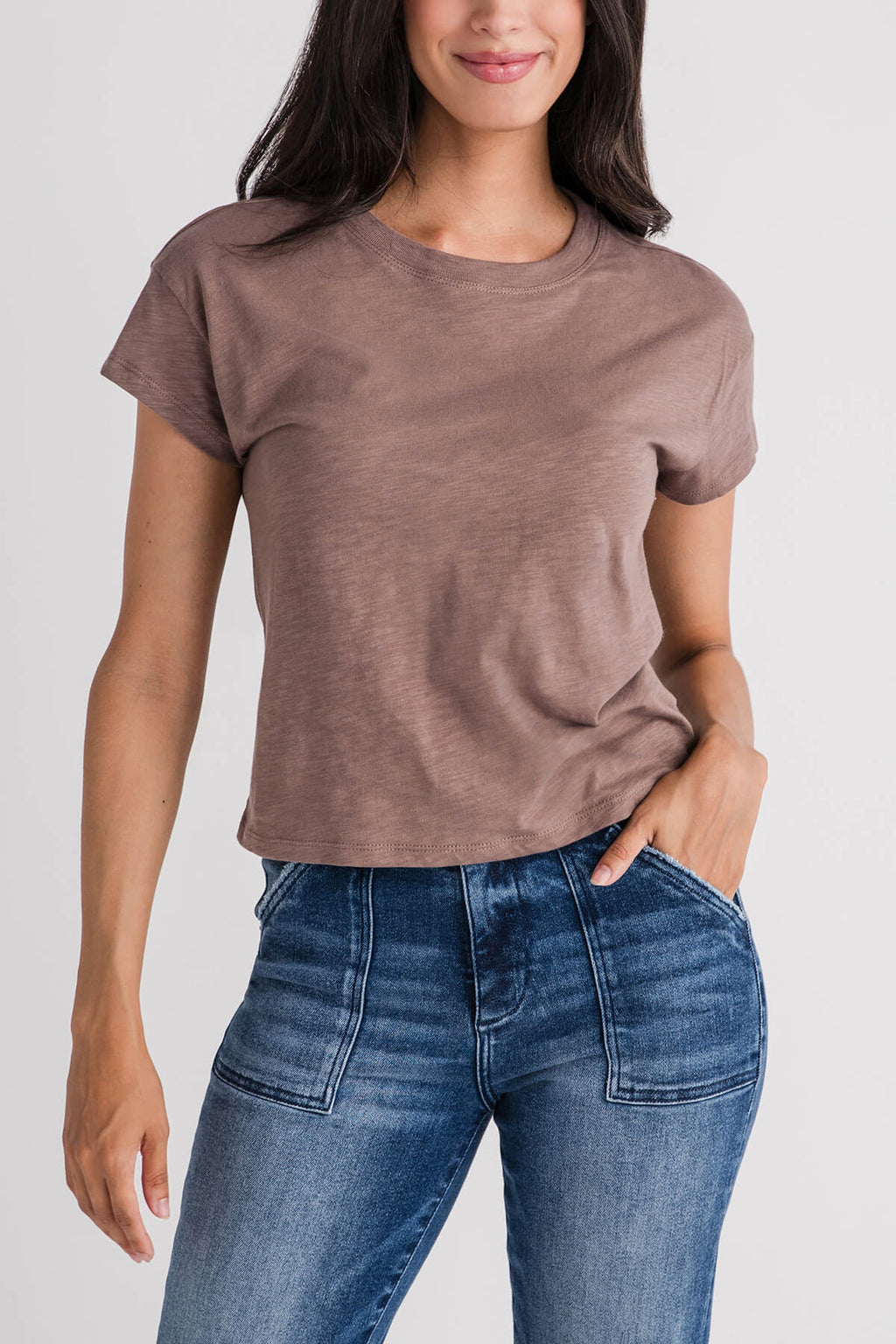 Women’s modern slub tee, short-sleeve crew neck, heather brown front view
