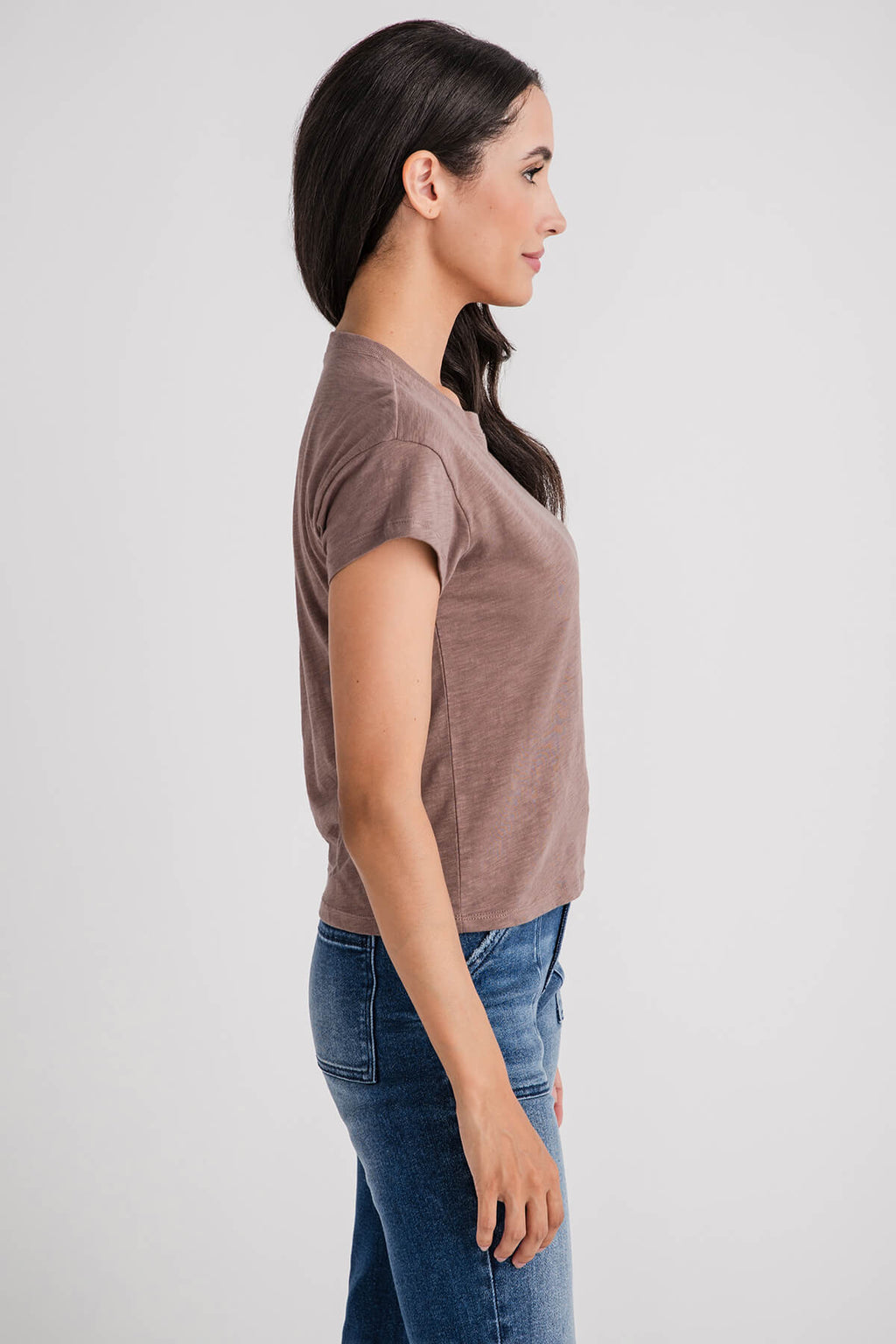 Brown modern slub tee with short sleeves and crew neck, side view