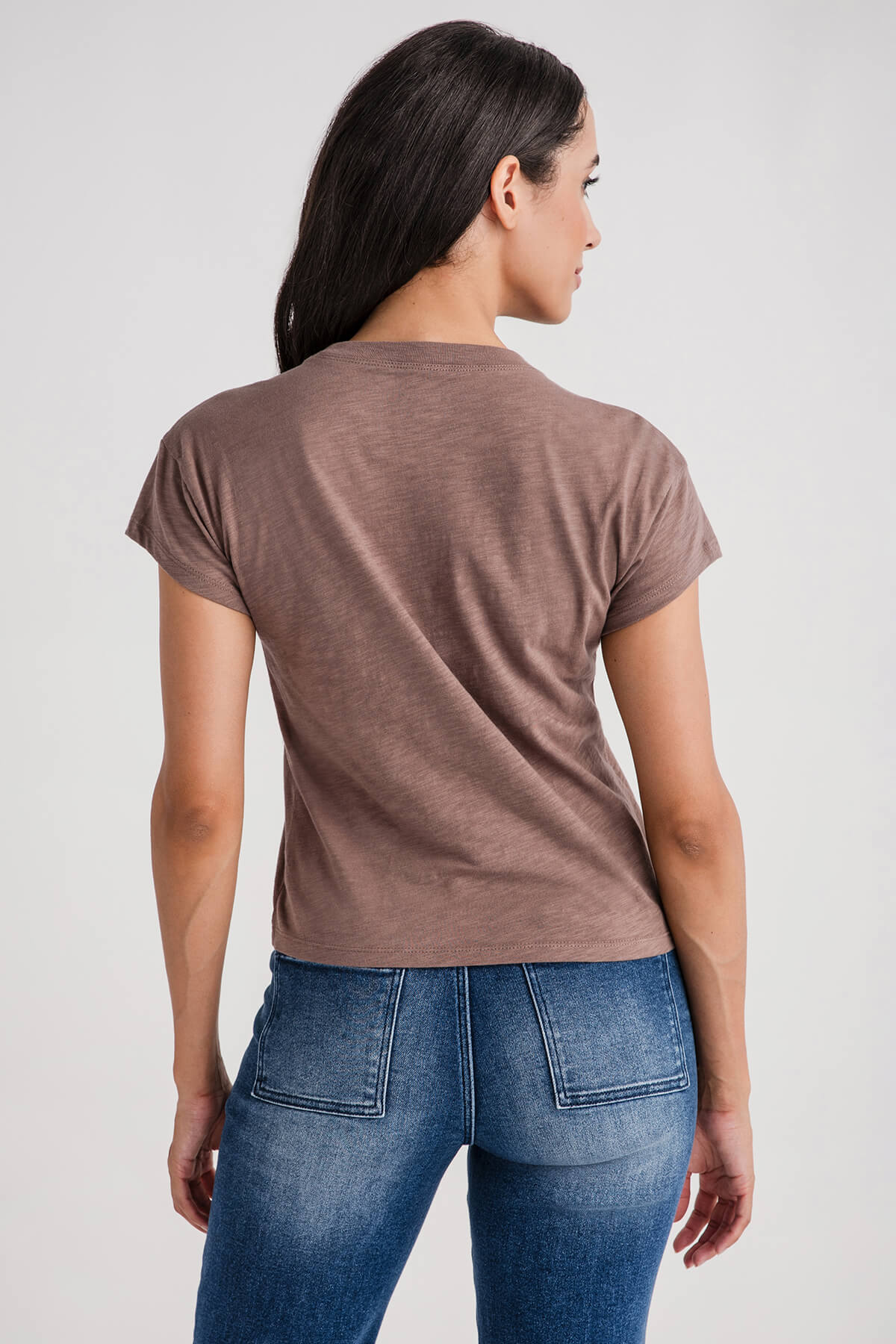 Women’s modern slub tee, short-sleeve crew neck, heather brown back view