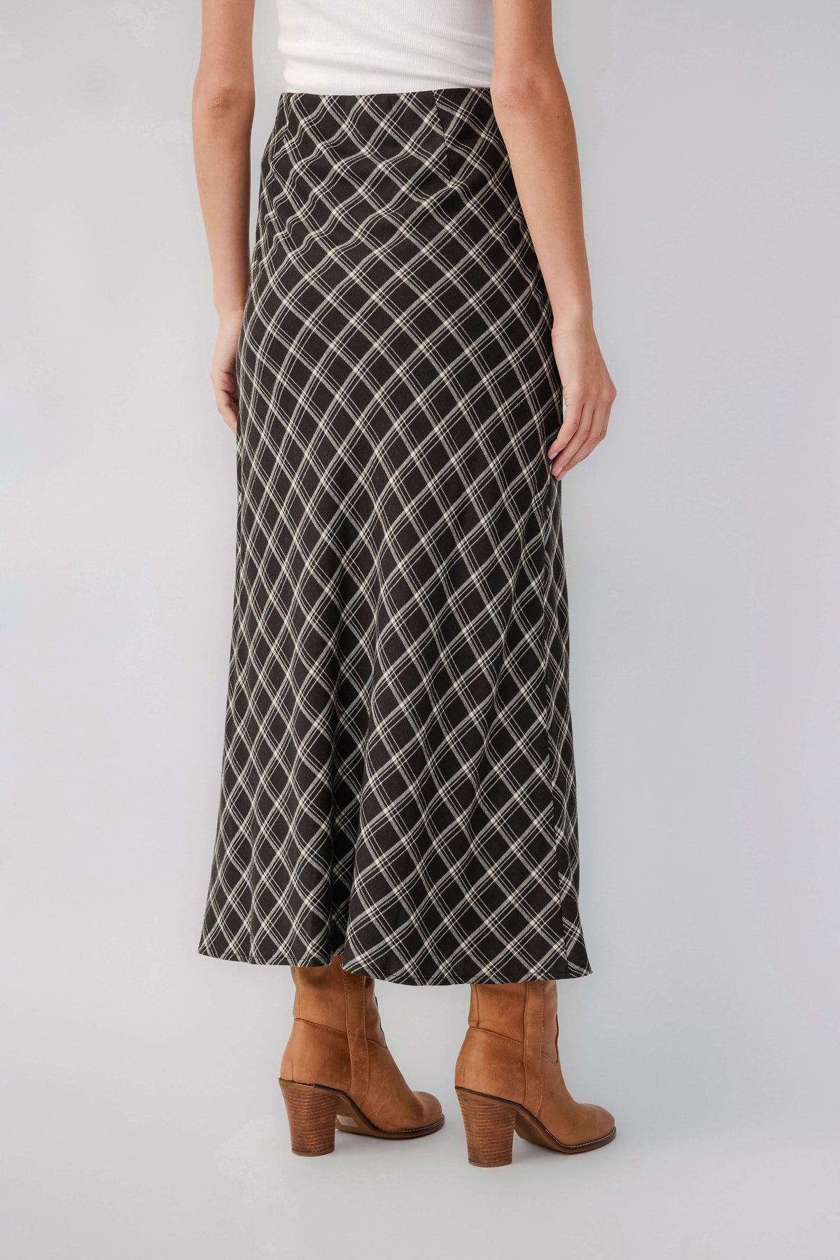 Z Supply Europa plaid midi skirt, black base with white lattice check, back view