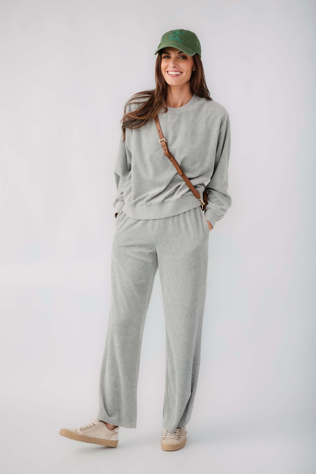 Grey velour wide-leg pants with relaxed straight wide legs and drawstring waist