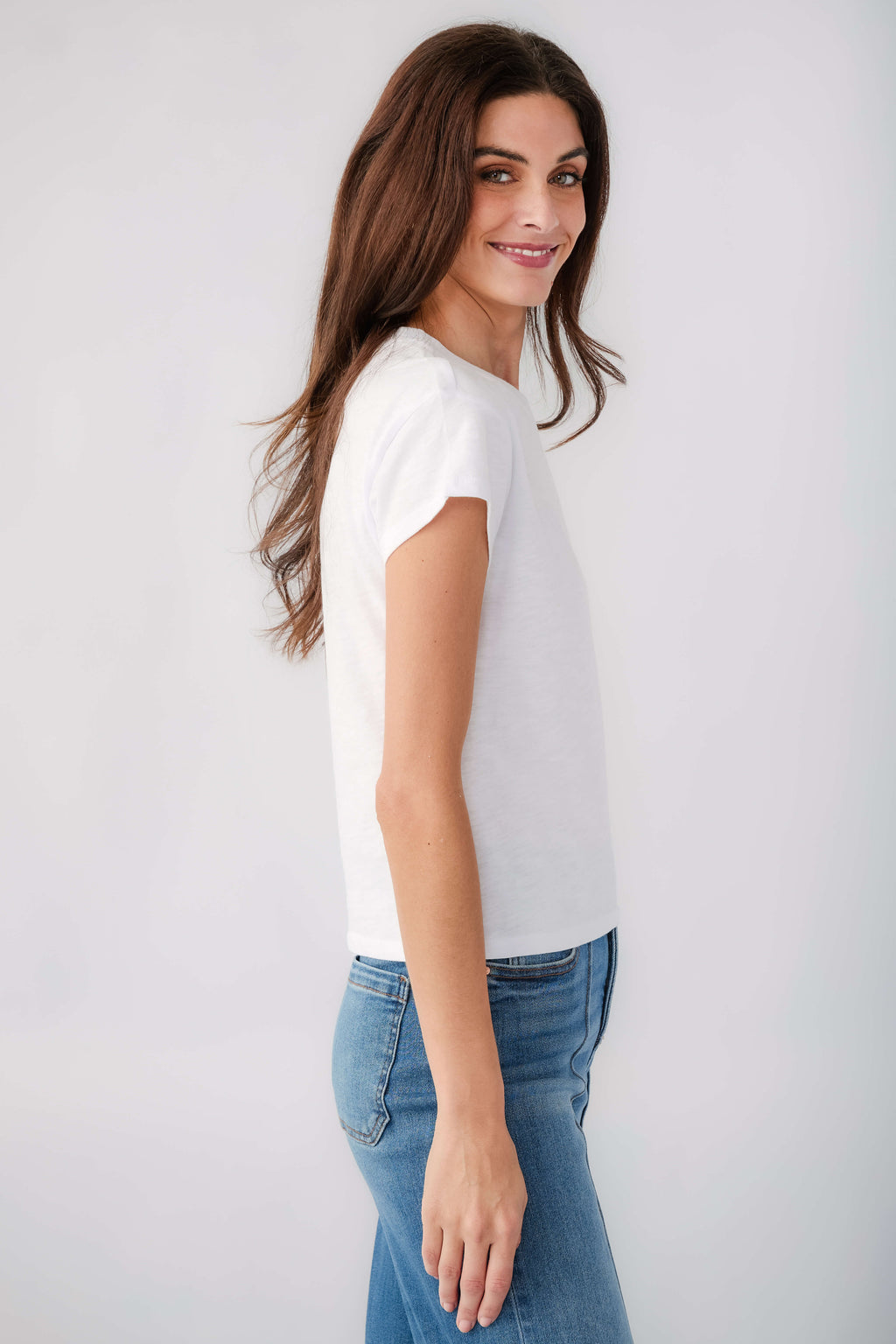 Women's white short-sleeve slub tee, side view