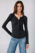 Women's black long-sleeve henley top with V-neck button front and fitted waist