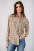 Tan and brown plaid button-up shirt with long sleeves and collar