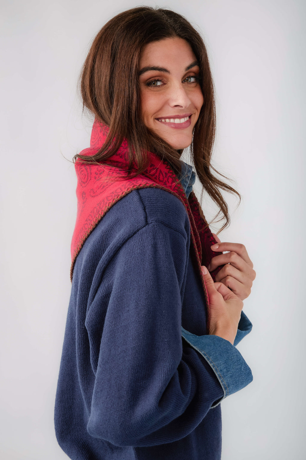 Free People knitted triangle scarf, red with paisley print and dark-blue backing