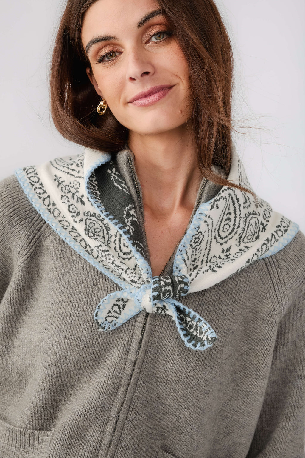 Free People knitted triangle scarf, gray with white paisley border and light-blue knotted tie