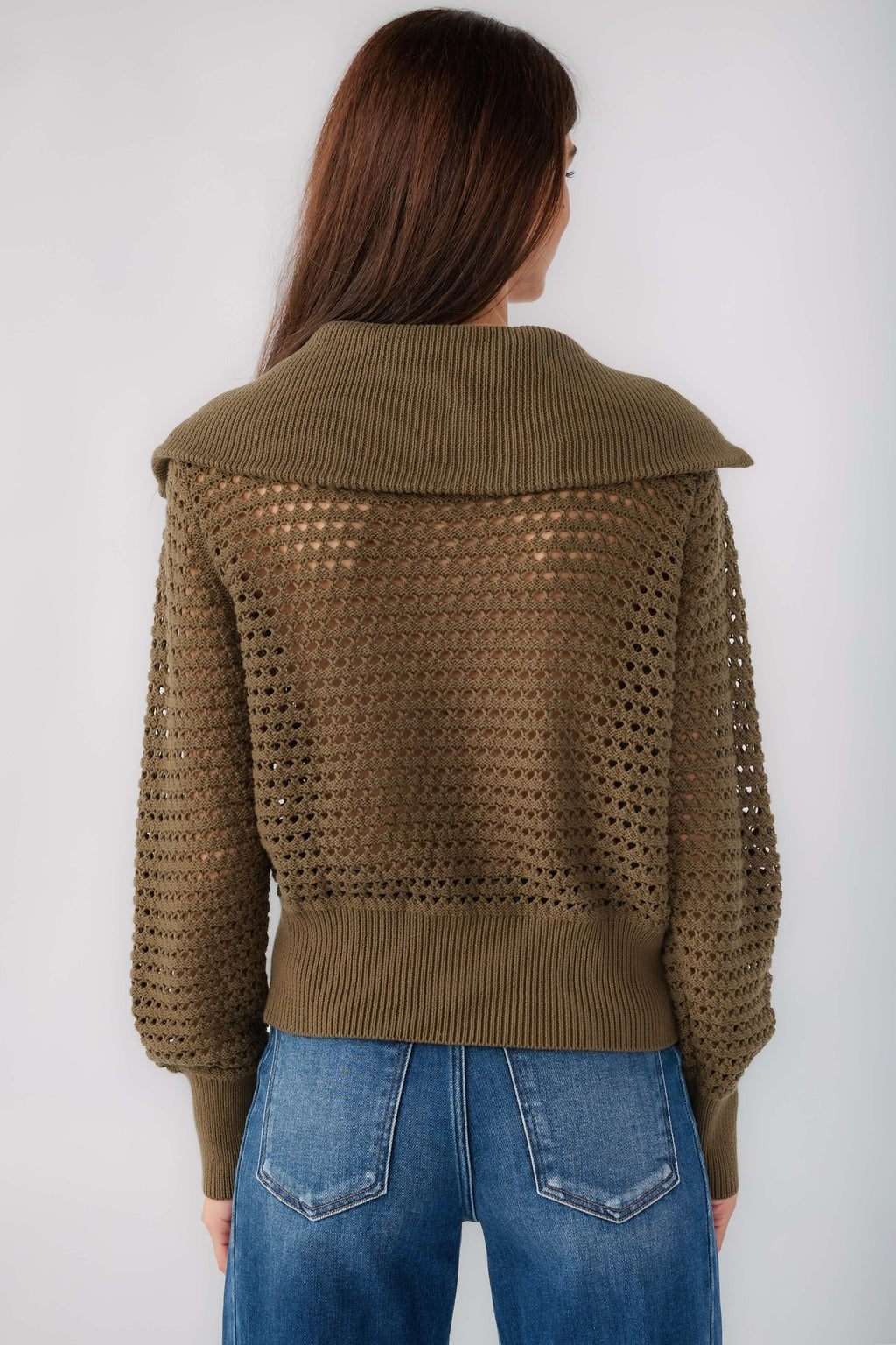 Olive collared crochet zip sweater with knit texture and ribbed back collar detail