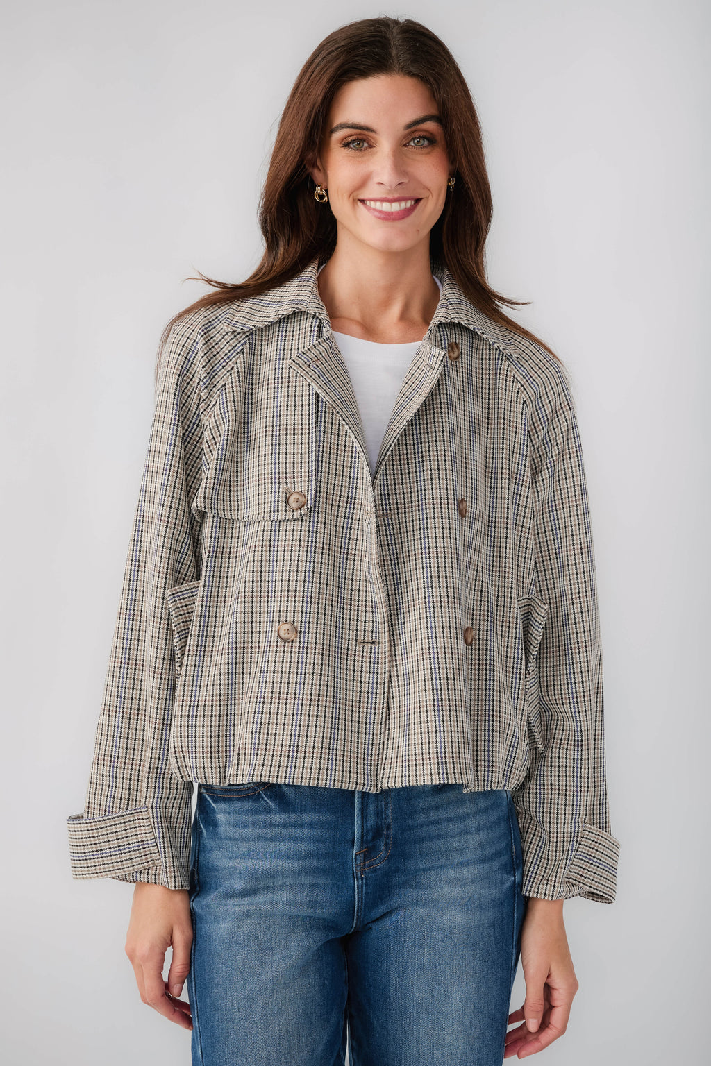 Multi plaid cropped trench jacket with buttoned chest pockets and pointed collar
