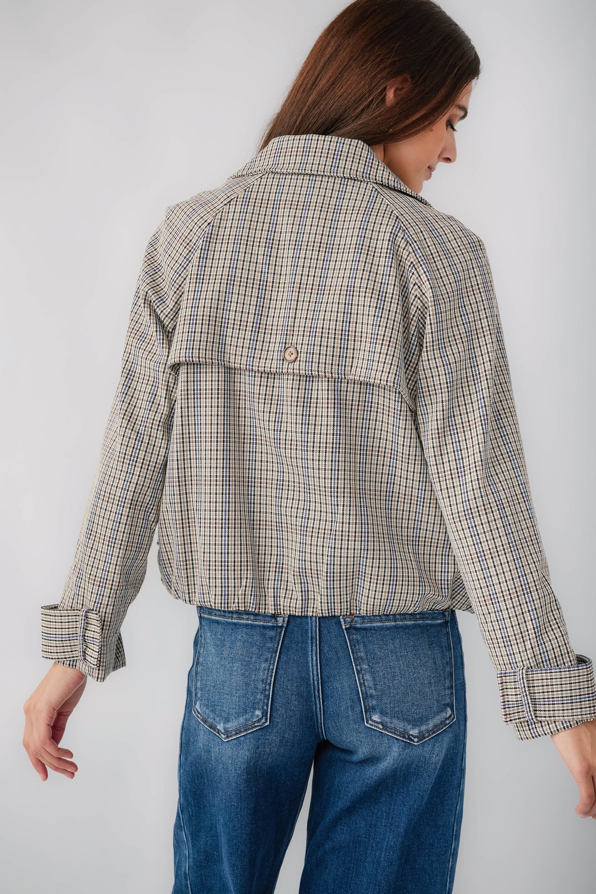 Multi plaid cropped trench jacket with back yoke and belt loop detail