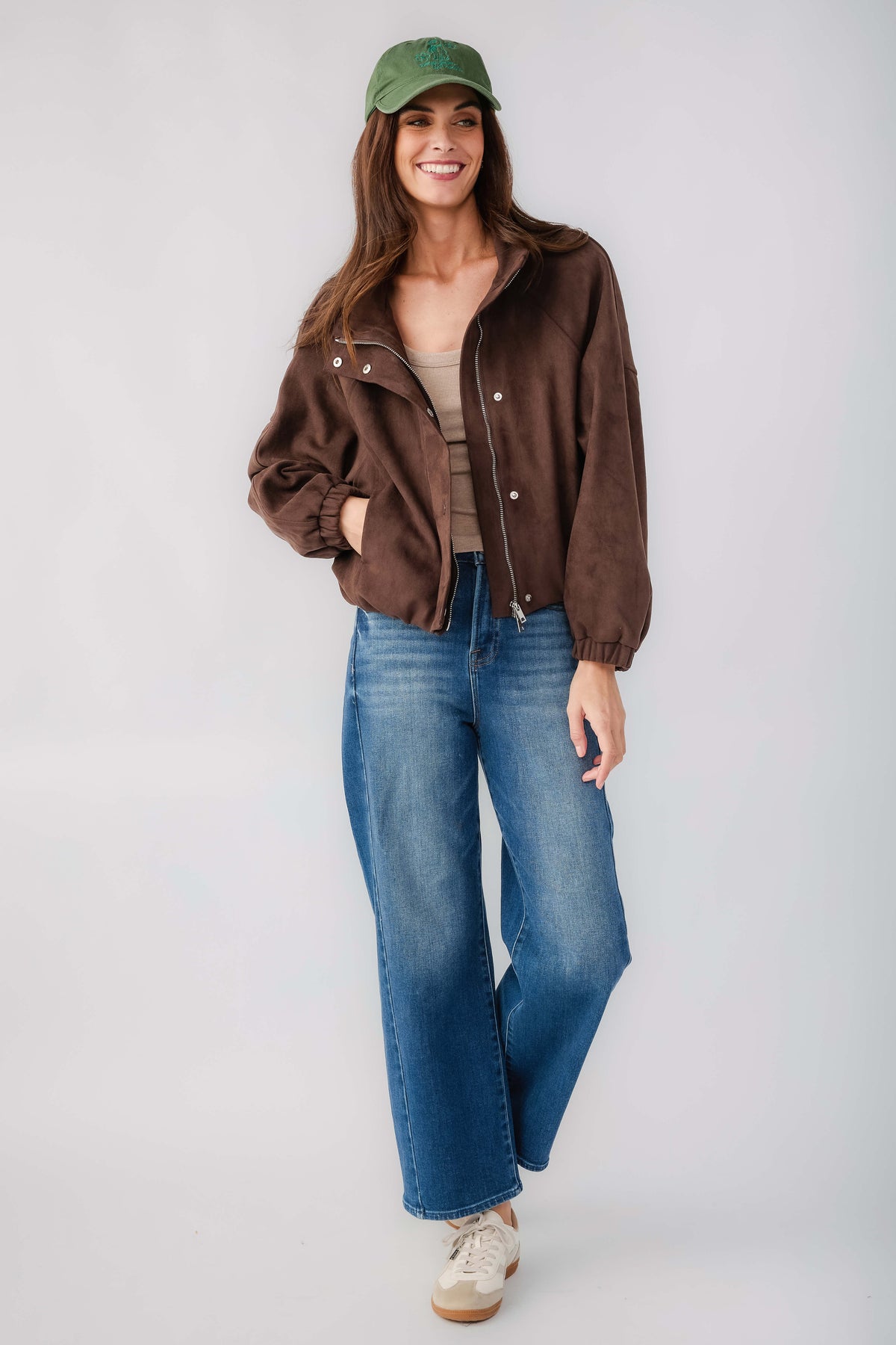 Deep brown faux suede ballon jacket with snap front and buttoned pockets
