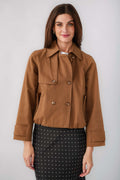 Brown cropped trench jacket front view with point collar and double-breasted closure