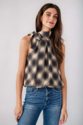 Plaid halter top with sleeveless cut and tied neck, navy and cream tones