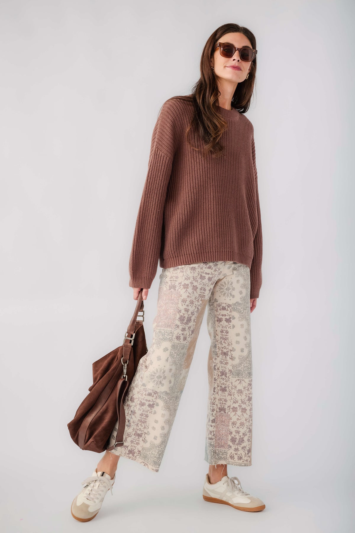 High-rise wide-leg paisley patch pants, light beige with brown/green panels