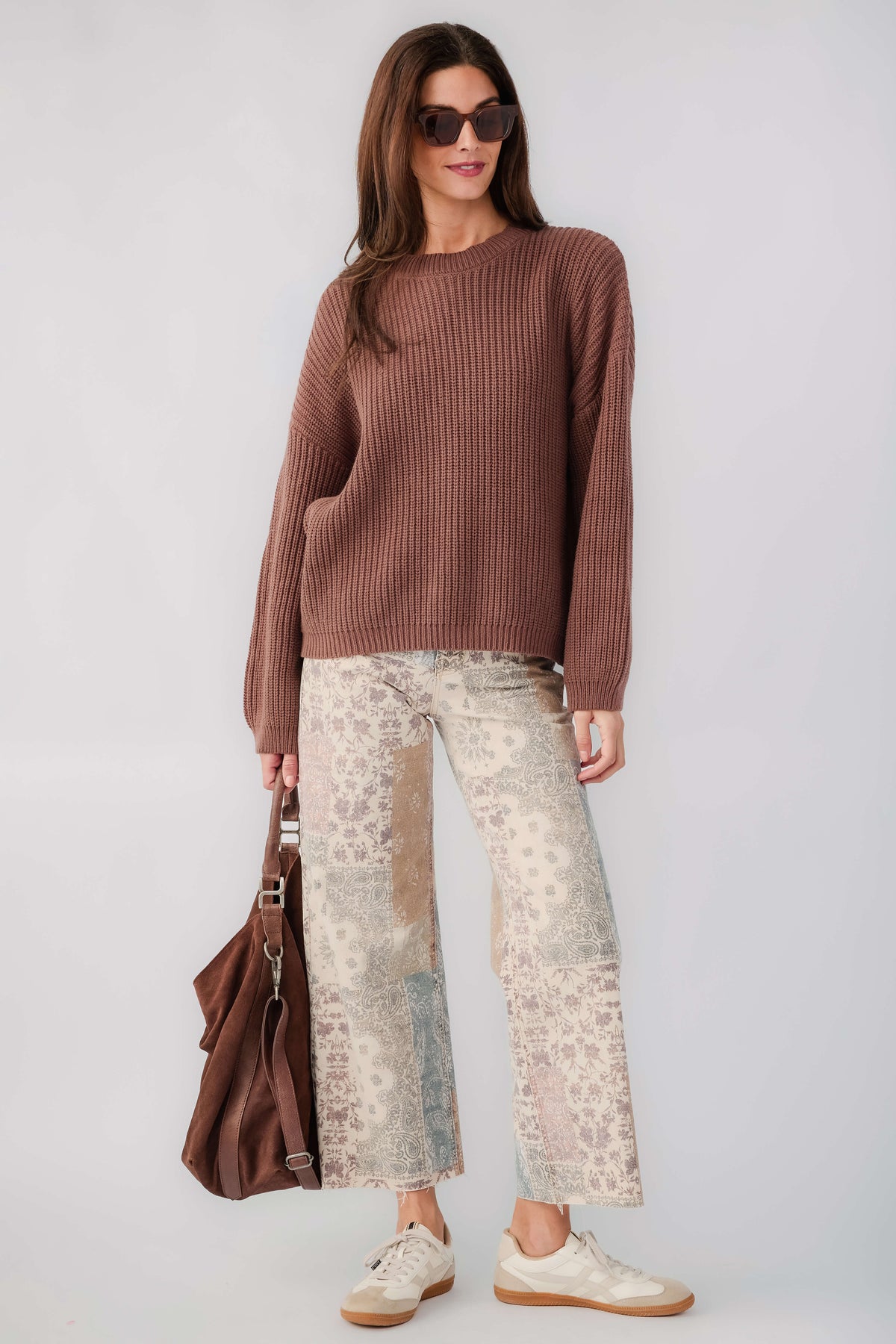 High-rise wide-leg pants with paisley patches, light beige with brown floral accents